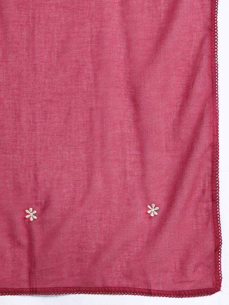 Floral Pleated Sequinned Pure Cotton Kurta with Trousers & With Dupatta