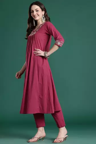 Floral Pleated Sequinned Pure Cotton Kurta with Trousers & With Dupatta