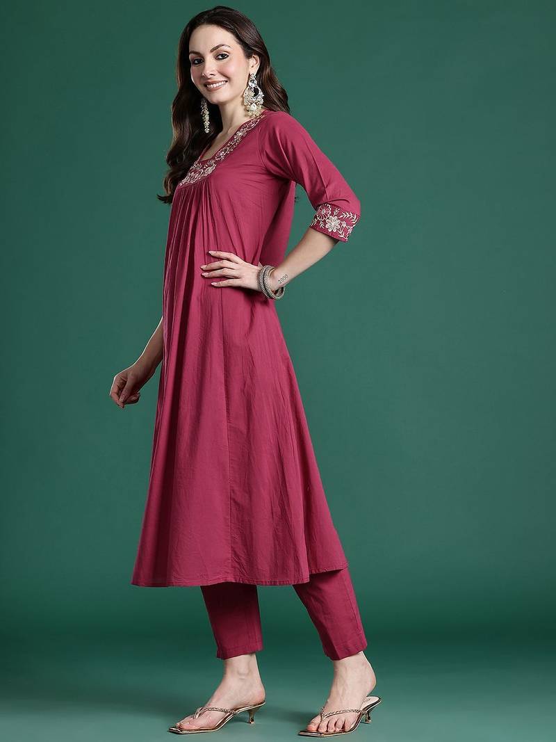 Floral Pleated Sequinned Pure Cotton Kurta with Trousers & With Dupatta