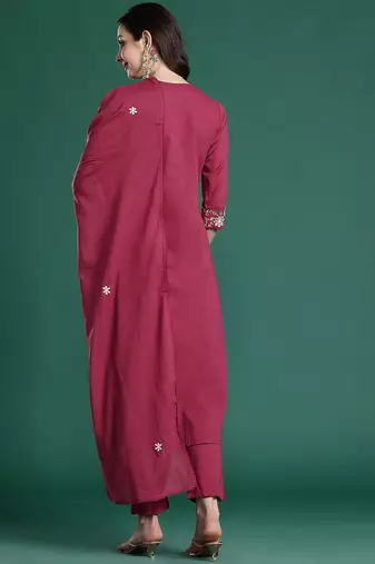 Floral Pleated Sequinned Pure Cotton Kurta with Trousers & With Dupatta