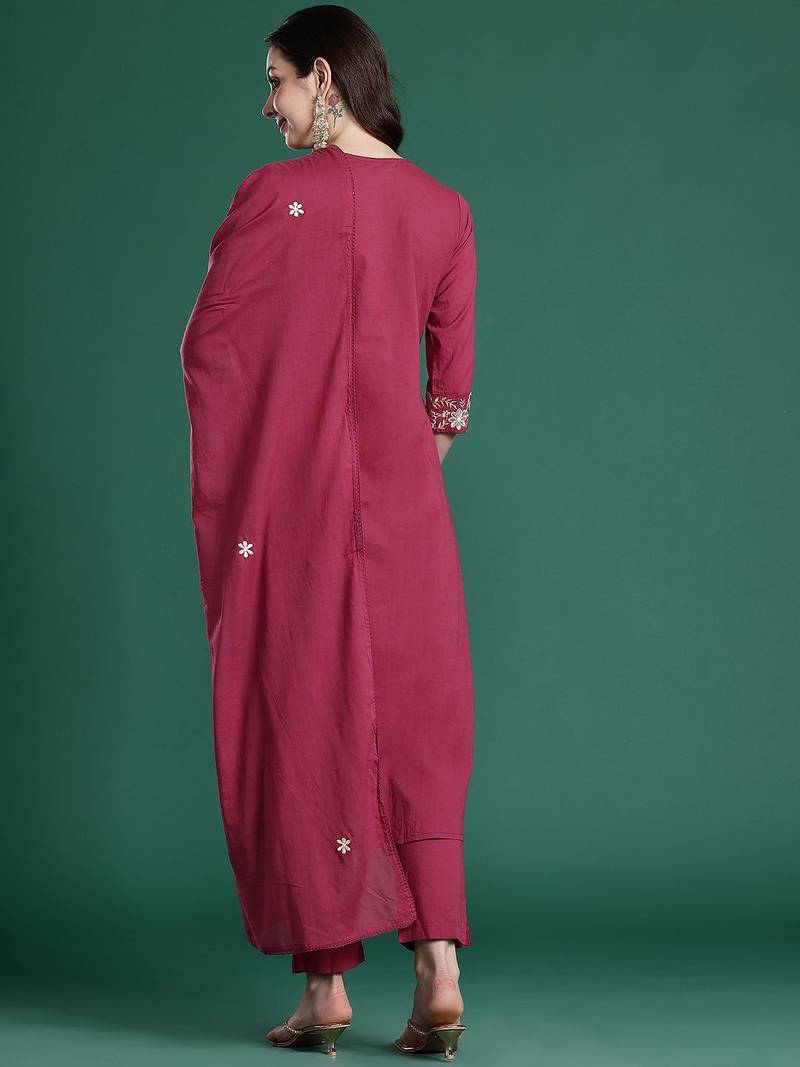 Floral Pleated Sequinned Pure Cotton Kurta with Trousers & With Dupatta