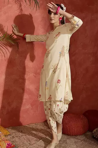 Floral Printed V-Neck Straight Kurta with Dhoti Pants