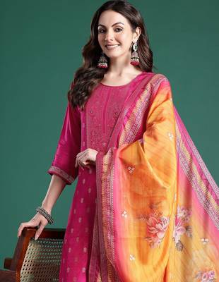 Women Ethnic Motifs Woven Design Kurta with Trousers & With Dupatta 1
