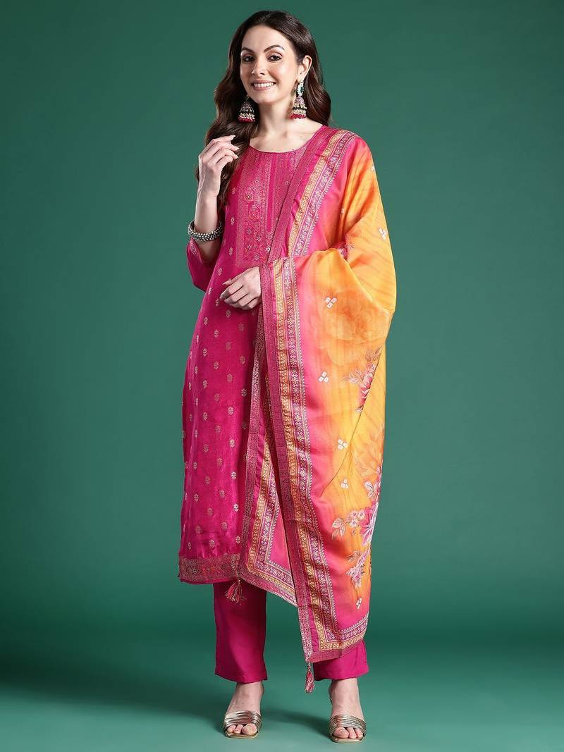 Women Ethnic Motifs Woven Design Kurta with Trousers & With Dupatta
