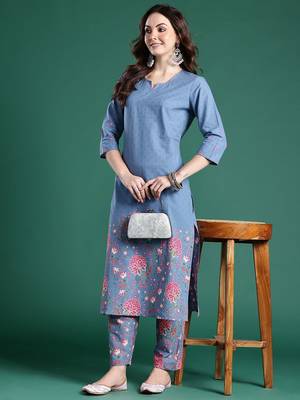 Floral Printed Regular Sequinned Pure Cotton Kurta with Trousers 1