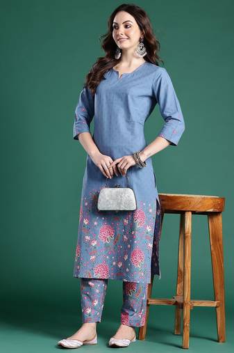 Floral Printed Regular Sequinned Pure Cotton Kurta with Trousers