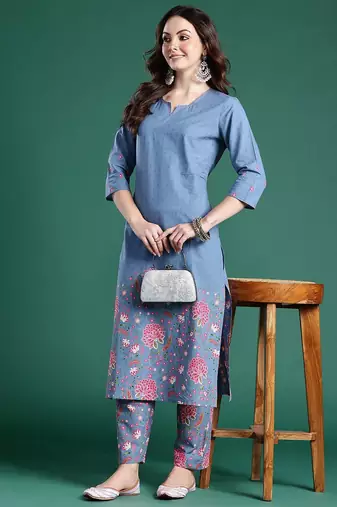 Floral Printed Regular Sequinned Pure Cotton Kurta with Trousers