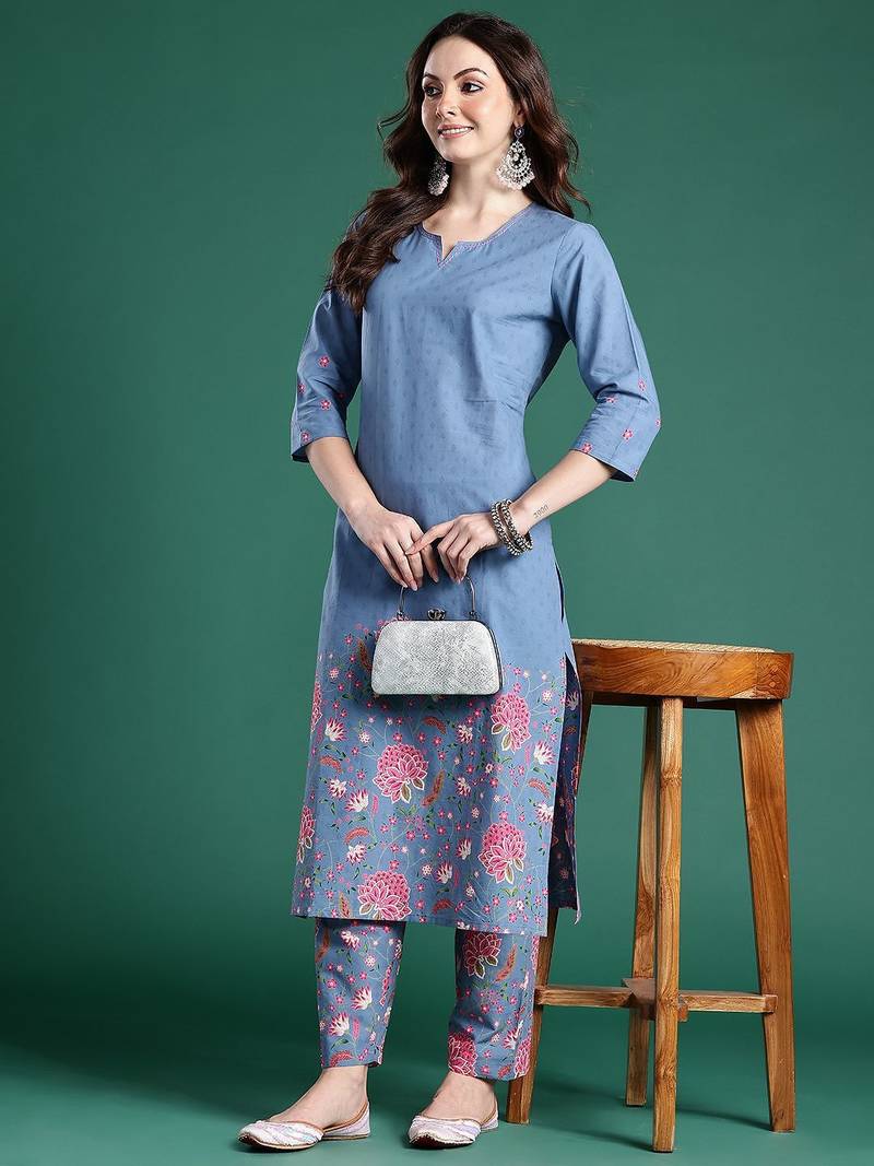 Floral Printed Regular Sequinned Pure Cotton Kurta with Trousers