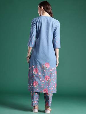 Floral Printed Regular Sequinned Pure Cotton Kurta with Trousers 5