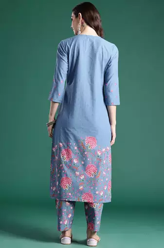 Floral Printed Regular Sequinned Pure Cotton Kurta with Trousers