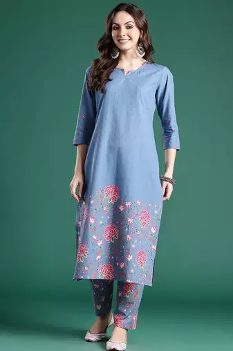 Floral Printed Regular Sequinned Pure Cotton Kurta with Trousers