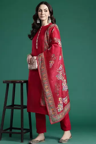 Ethnic Motifs Embroidered Regular Kurta with Trousers & Dupatta
