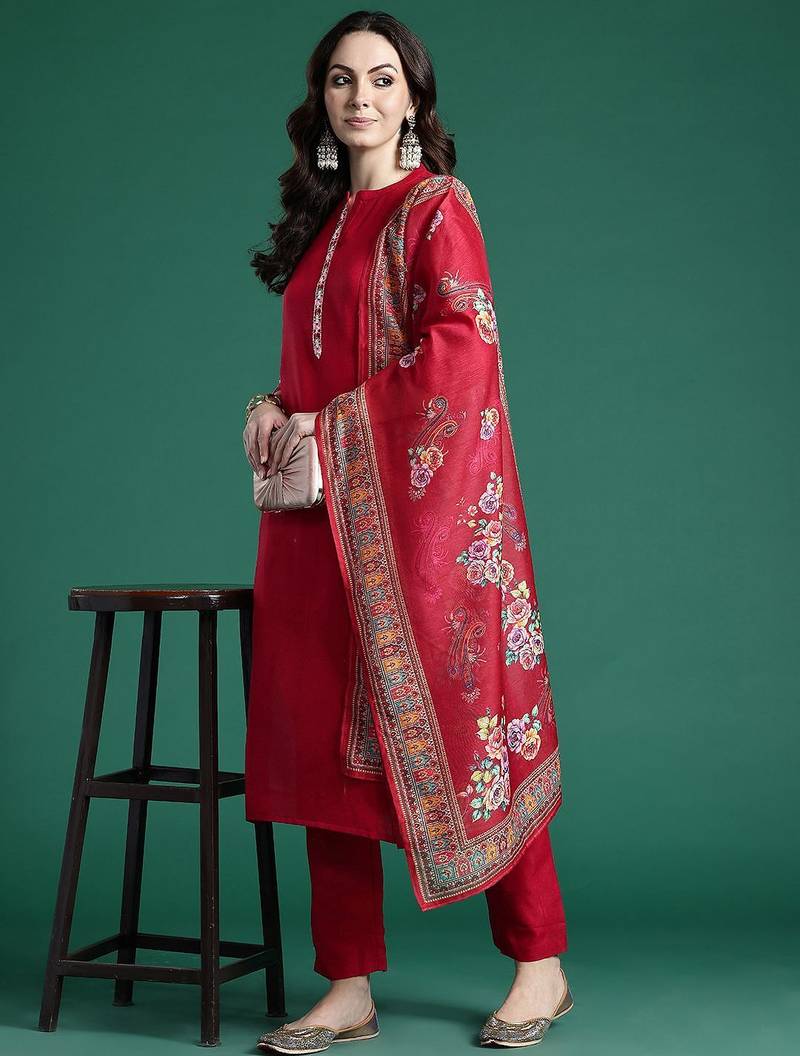 Ethnic Motifs Embroidered Regular Kurta with Trousers & Dupatta