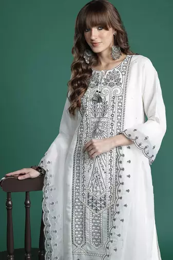 Embroidered Kurta with Trousers & Dupatta