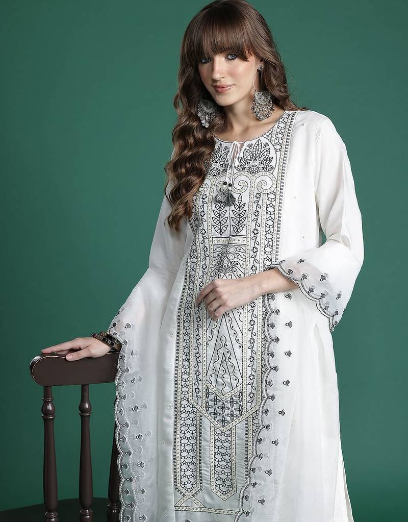 Embroidered Kurta with Trousers & Dupatta