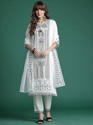 Embroidered Kurta with Trousers & Dupatta 1