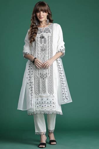 Embroidered Kurta with Trousers & Dupatta