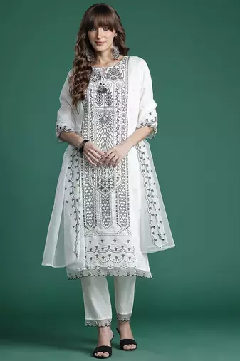 Embroidered Kurta with Trousers & Dupatta
