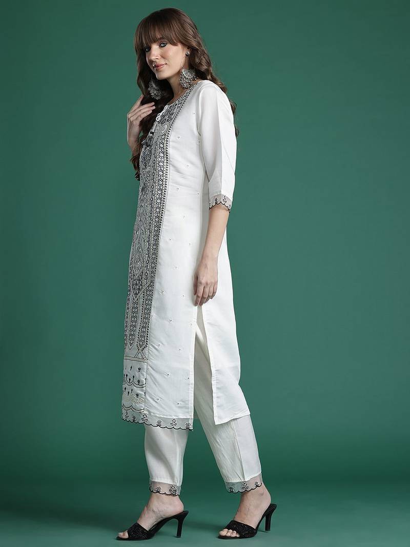 Embroidered Kurta with Trousers & Dupatta