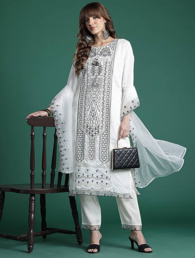 Embroidered Kurta with Trousers & Dupatta