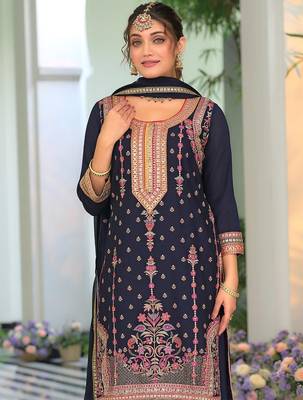 Floral Embroidered Round Neck Sequinned Straight Kurta With Palazzos & Dupatta 1