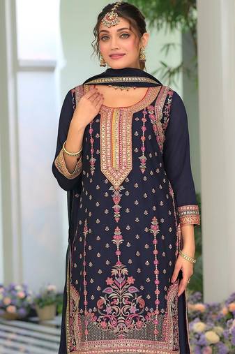Floral Embroidered Round Neck Sequinned Straight Kurta With Palazzos & Dupatta