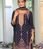 Floral Embroidered Round Neck Sequinned Straight Kurta With Palazzos & Dupatta