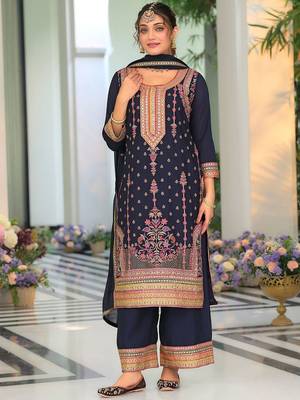 Floral Embroidered Round Neck Sequinned Straight Kurta With Palazzos & Dupatta 2