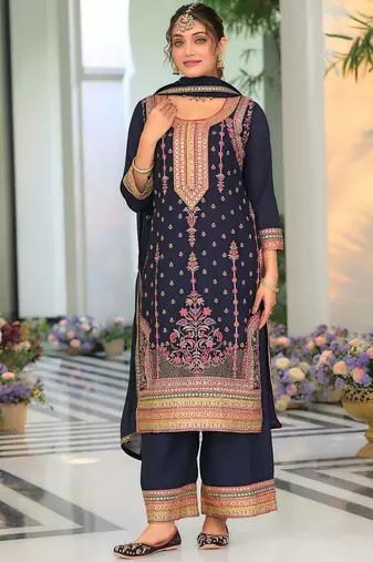 Floral Embroidered Round Neck Sequinned Straight Kurta With Palazzos & Dupatta