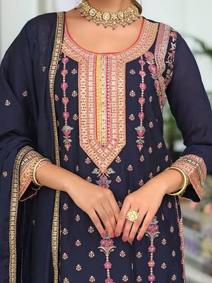 Floral Embroidered Round Neck Sequinned Straight Kurta With Palazzos & Dupatta 3