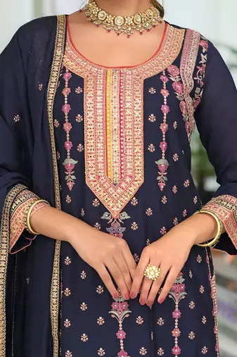 Floral Embroidered Round Neck Sequinned Straight Kurta With Palazzos & Dupatta