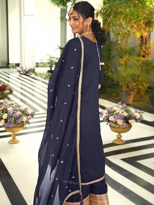 Floral Embroidered Round Neck Sequinned Straight Kurta With Palazzos & Dupatta 4