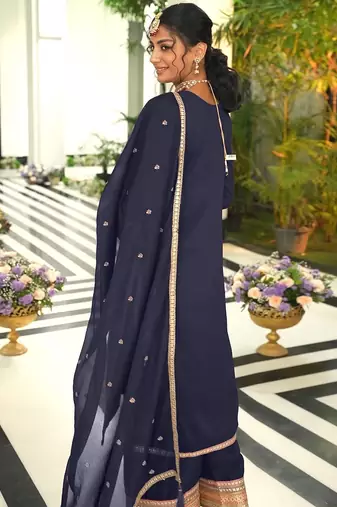 Floral Embroidered Round Neck Sequinned Straight Kurta With Palazzos & Dupatta
