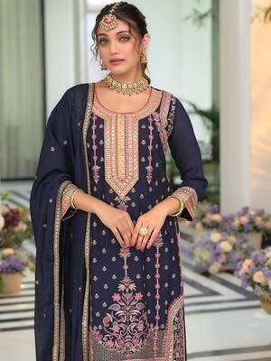 Floral Embroidered Round Neck Sequinned Straight Kurta With Palazzos & Dupatta 5