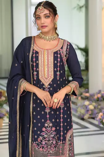 Floral Embroidered Round Neck Sequinned Straight Kurta With Palazzos & Dupatta