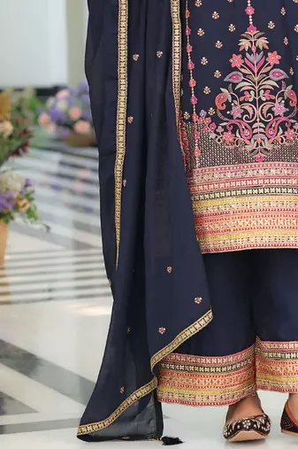 Floral Embroidered Round Neck Sequinned Straight Kurta With Palazzos & Dupatta