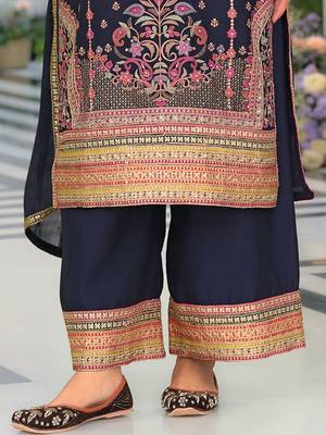 Floral Embroidered Round Neck Sequinned Straight Kurta With Palazzos & Dupatta 7