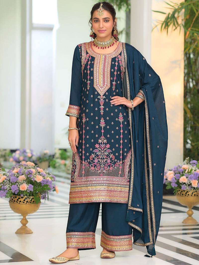 Women Ethnic Motifs Embroidered Regular Mirror Work Kurta with Palazzos & With Dupatta