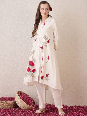 Floral Embroidered Shirt Collar Pure Cotton A-Line Kurta With Trousers 1