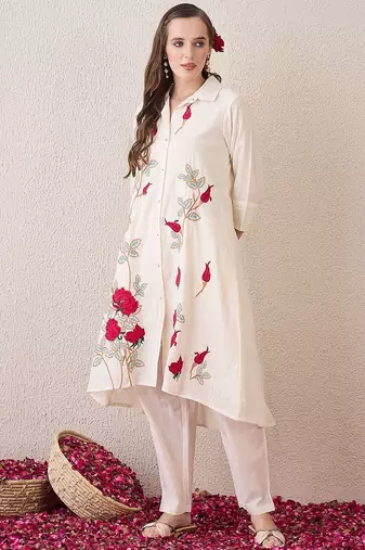 Floral Embroidered Shirt Collar Pure Cotton A-Line Kurta With Trousers