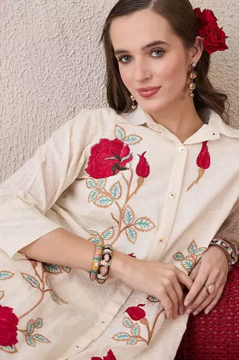 Floral Embroidered Shirt Collar Pure Cotton A-Line Kurta With Trousers