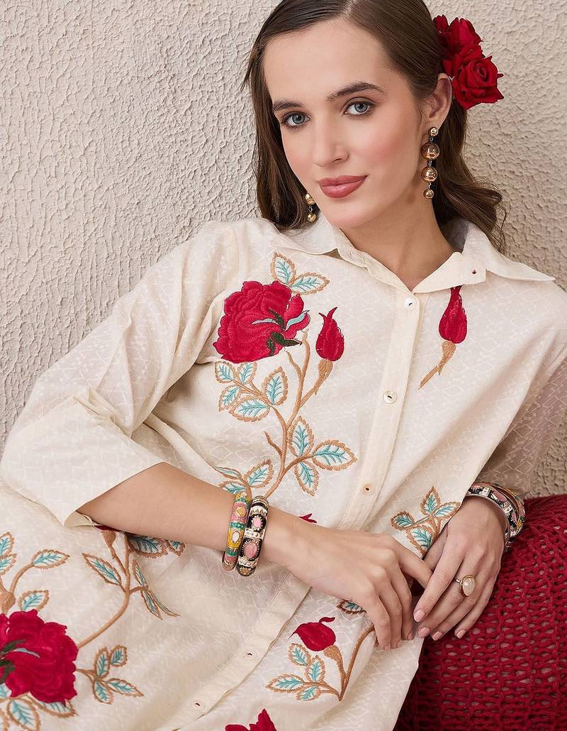Floral Embroidered Shirt Collar Pure Cotton A-Line Kurta With Trousers