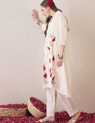 Floral Embroidered Shirt Collar Pure Cotton A-Line Kurta With Trousers 3