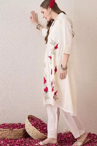 Floral Embroidered Shirt Collar Pure Cotton A-Line Kurta With Trousers