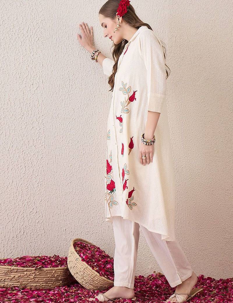Floral Embroidered Shirt Collar Pure Cotton A-Line Kurta With Trousers