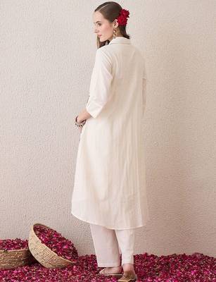 Floral Embroidered Shirt Collar Pure Cotton A-Line Kurta With Trousers 4