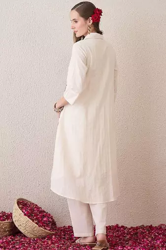 Floral Embroidered Shirt Collar Pure Cotton A-Line Kurta With Trousers