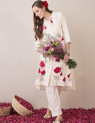 Floral Embroidered Shirt Collar Pure Cotton A-Line Kurta With Trousers 5