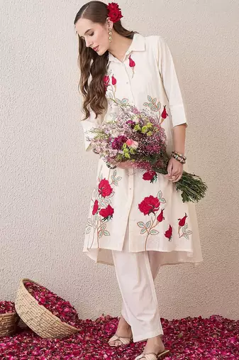 Floral Embroidered Shirt Collar Pure Cotton A-Line Kurta With Trousers