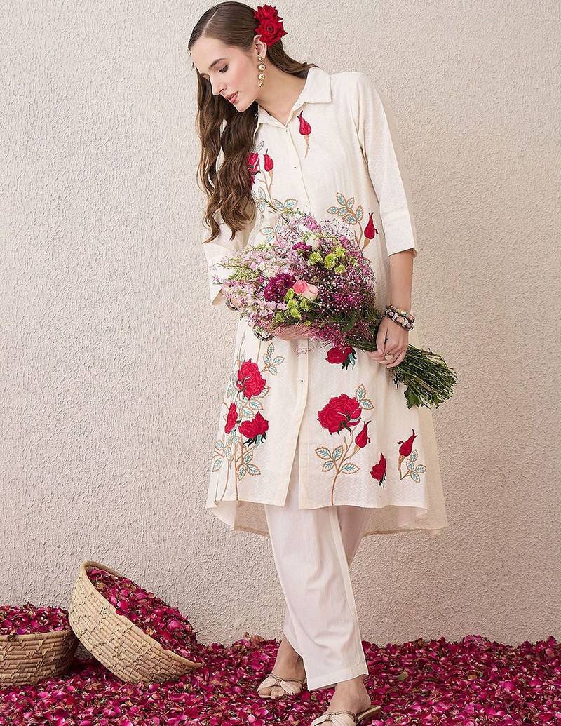 Floral Embroidered Shirt Collar Pure Cotton A-Line Kurta With Trousers